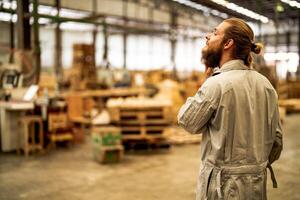 man workers engineering standing with confidence with working suite dress and hand glove in front machine. Concept of smart industry worker operating. Wood factory produce wood palate. photo