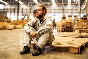 man workers engineering sitting with confidence with working suite dress and hand glove in front machine. Concept of smart industry worker operating. Wood factory produce wood palate. photo