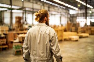 man workers engineering standing with confidence with working suite dress and hand glove in front machine. Concept of smart industry worker operating. Wood factory produce wood palate. photo