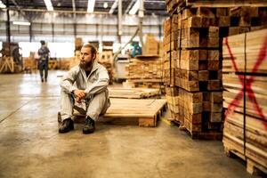 man workers engineering sitting with confidence with working suite dress and hand glove in front machine. Concept of smart industry worker operating. Wood factory produce wood palate. photo