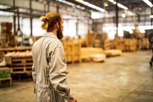 man workers engineering standing with confidence with working suite dress and hand glove in front machine. Concept of smart industry worker operating. Wood factory produce wood palate. photo