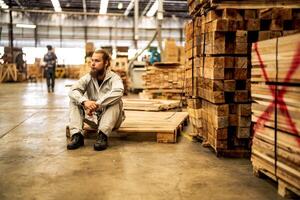 man workers engineering sitting with confidence with working suite dress and hand glove in front machine. Concept of smart industry worker operating. Wood factory produce wood palate. photo