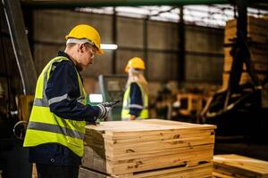 equipo trabajador carpintero vistiendo la seguridad uniforme y difícil sombrero trabajando y comprobación el calidad de de madera productos a taller fabricación. hombre y mujer trabajadores madera en oscuro almacén industria. foto