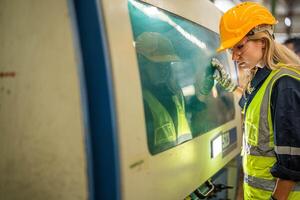 Factory engineer woman standing confidence to control panel switch. Worker works at heavy machine at industry factory. with machinery equipment plant technology. smart industry worker operating. photo