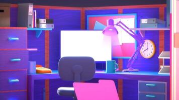 a purple room with a desk and chair video