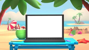 Laptop auf ein Strand mit Palme Bäume und ein Strand Regenschirm video