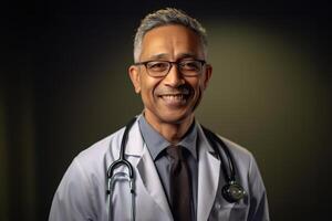 AI generated Generative AI image of portrait of smiling mature male doctor in uniform with stethoscope on shoulders looking at camera while standing in light against gray background photo