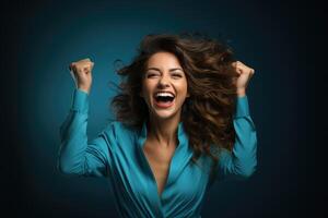 AI generated Generative AI illustration of happy young brunette wearing silk blouse clenching fists and yelling while celebrating victory against blue background photo