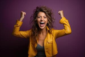 AI generated Generative AI illustration of excited young female in yellow jacket raising fists and screaming while rejoicing over success against purple background photo