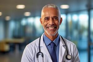 AI generated Generative AI image of portrait of smiling mature male doctor in uniform with stethoscope on shoulders looking at camera while standing in illuminated blurred glass walled hospital photo