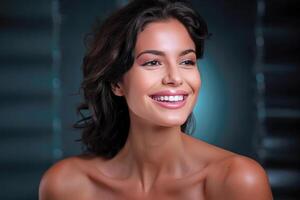 AI generated Generative AI illustration of positive young female with bare shoulders and makeup looking away with toothy smile against dark background photo