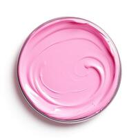 AI generated Can of pink paint, top view. Close-up of a bowl of pink cosmetic cream on a white background. . Decorative light pink interior paint close-up. photo