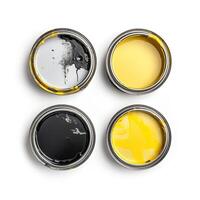 AI generated Open metal cans with yellow and black paint on top, isolated on a white background. photo