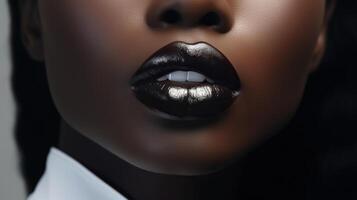 ai generado hermosa hembra labios y ligeramente abierto boca de cerca. retrato macro de el inferior cara de un africano mujer. un seductor encanto. diseño para un artículo, un sitio web para el belleza industria. foto