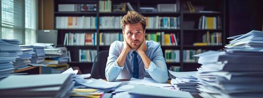 AI Generated stressful office scenario where a male employee appears overwhelmed, sitting at his desk surrounded by large stacks of paperwork, reflecting the pressures of workload and deadlines photo