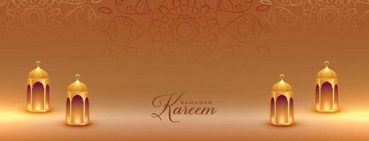 realistic ramadan kareem golden banner with islamic lanterns vector