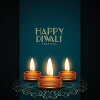 premium happy diwali festival card with realistic golden diya vector