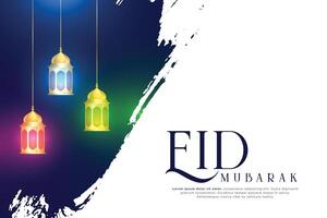 brush stroke style eid mubarak background with traditional lanterns for festival vector