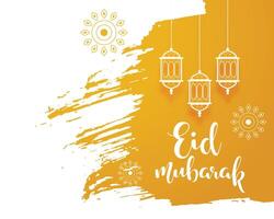 watercolor style eid mubarak islamic card with lantern design vector