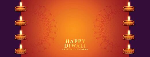 happy diwali orange banner with diya decoration vector