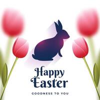 happy easter greeting background with rabbit silhouette and tulip flowers vector