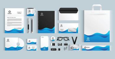 blue wavy business brand stationery design set vector