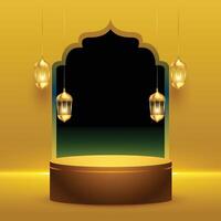 3d podium platofrom with hanging lantern for eid mubarak background vector