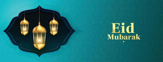 elegant eid mubarak turquoise banner with glowing lantern vector