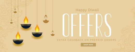 happy diwali offers banner with diya decoration vector