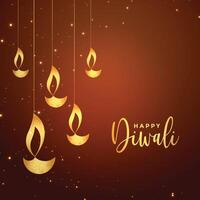 happy diwali golden diya on brown background vector