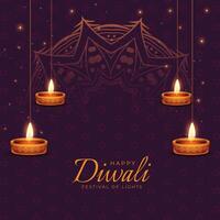 happy diwali festival card with glowing diya oil lamps vector