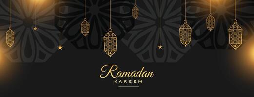 Ramadán kareem santo festival bandera en negro y dorado estilo vector