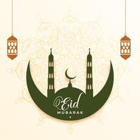 hermosa eid Mubarak religioso tarjeta con verde mezquita y Luna vector