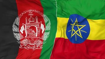 afghanistan och etiopien flaggor tillsammans sömlös looping bakgrund, looped stöta textur trasa vinka långsam rörelse, 3d tolkning video