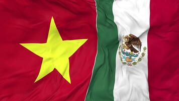 Vietnam en Mexico vlaggen samen naadloos looping achtergrond, lusvormige buil structuur kleding golvend langzaam beweging, 3d renderen video