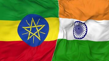 India and Ethiopia Flags Together Seamless Looping Background, Looped Bump Texture Cloth Waving Slow Motion, 3D Rendering video