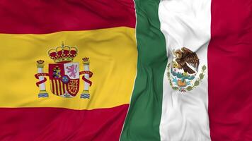 Spagna e Messico bandiere insieme senza soluzione di continuità looping sfondo, loop urto struttura stoffa agitando lento movimento, 3d interpretazione video