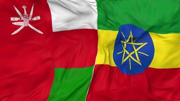 Oman and Ethiopia Flags Together Seamless Looping Background, Looped Bump Texture Cloth Waving Slow Motion, 3D Rendering video