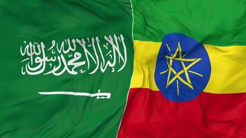 KSA, Kingdom of Saudi Arabia and Ethiopia Flags Together Seamless Looping Background, Looped Bump Texture Cloth Waving Slow Motion, 3D Rendering video