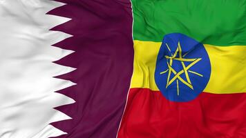 Qatar and Ethiopia Flags Together Seamless Looping Background, Looped Bump Texture Cloth Waving Slow Motion, 3D Rendering video