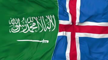 KSA, Kingdom of Saudi Arabia and Iceland Flags Together Seamless Looping Background, Looped Bump Texture Cloth Waving Slow Motion, 3D Rendering video