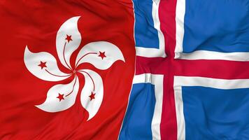 Hong Kong and Iceland Flags Together Seamless Looping Background, Looped Bump Texture Cloth Waving Slow Motion, 3D Rendering video