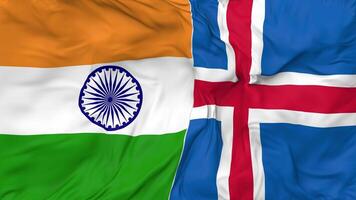 India and Iceland Flags Together Seamless Looping Background, Looped Bump Texture Cloth Waving Slow Motion, 3D Rendering video