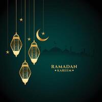 eid ramadan kareem festival card with golden lantern design vector