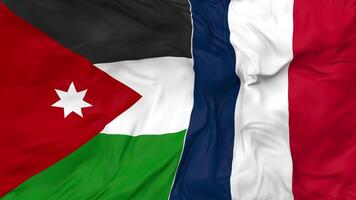 França e Jordânia bandeiras juntos desatado looping fundo, em loop colisão textura pano acenando lento movimento, 3d Renderização video