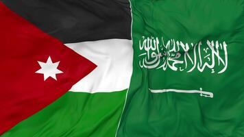 KSA, Kingdom of Saudi Arabia and Jordan Flags Together Seamless Looping Background, Looped Bump Texture Cloth Waving Slow Motion, 3D Rendering video