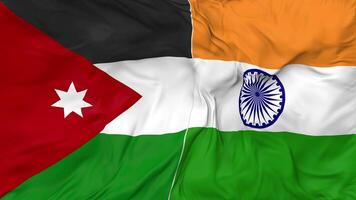 India and Jordan Flags Together Seamless Looping Background, Looped Bump Texture Cloth Waving Slow Motion, 3D Rendering video