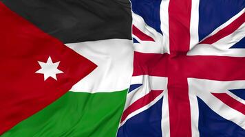 United Kingdom and Jordan Flags Together Seamless Looping Background, Looped Bump Texture Cloth Waving Slow Motion, 3D Rendering video