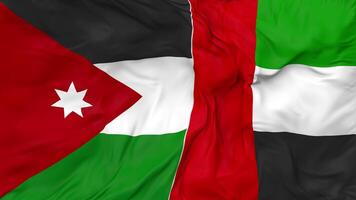 United Arab Emirates and Jordan Flags Together Seamless Looping Background, Looped Bump Texture Cloth Waving Slow Motion, 3D Rendering video