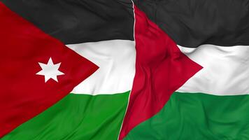 Palestine and Jordan Flags Together Seamless Looping Background, Looped Bump Texture Cloth Waving Slow Motion, 3D Rendering video